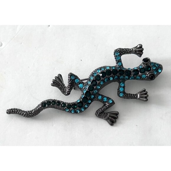 Vintage Rhinestone Lizard Brooch Pin With Blue Black - Picture 1 of 3